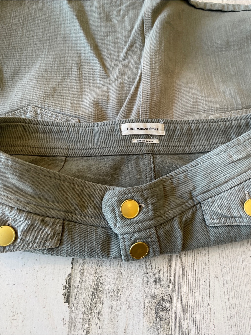Isabel Marant Greenish Gray Washed Denim Button-Front Mini Skirt SZ EU 44 EUC - Picture 5 of 9